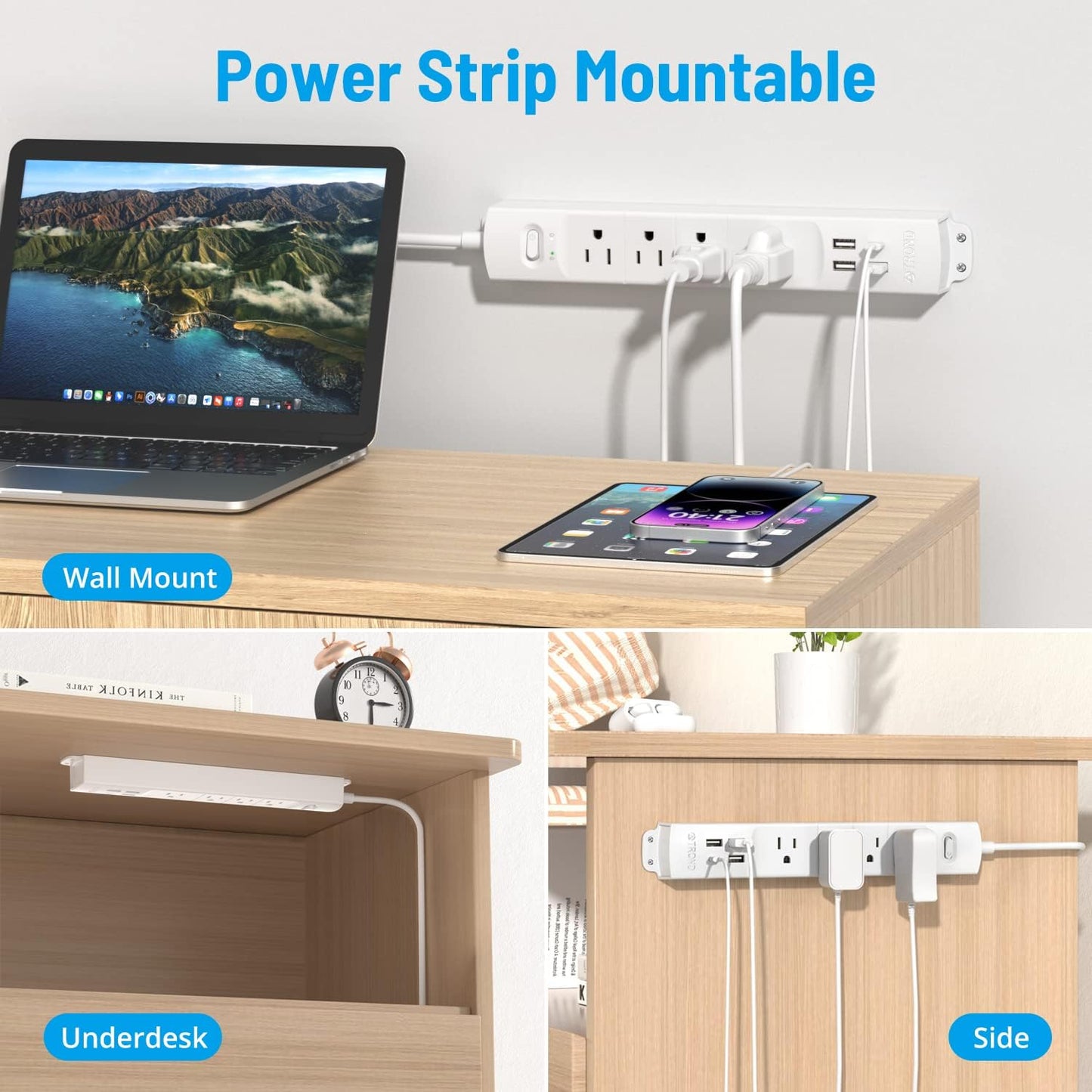 TROND Surge Protector Power Strip with USB, Ultra Thin Flat Plug 15ft Long Extension Cord 1625W, 3 USB A & 1 Type C, 4 AC Outlets 1440J Surge Protection for Wall Mount for Home Office Dorm Room, White