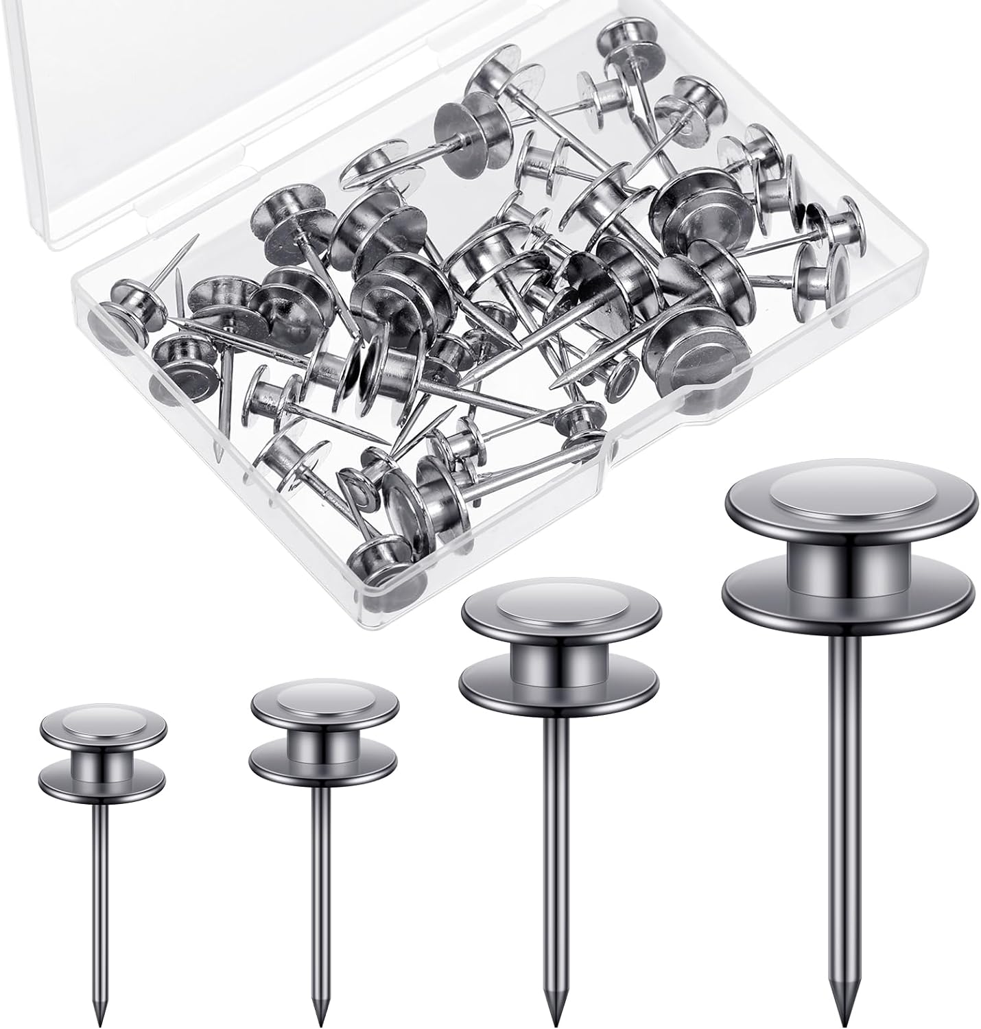 Ferraycle 40 Piece Double Headed Picture Hangers Nails 4 Size Long Thumb Tacks for Wall Hanging Decorative Nails Push Pins Picture Hooks for Drywall Photo Decor, 10/20/ 30/ 50lb(Silver)