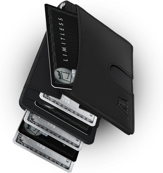 Kings Loot Money Clip Slim Minimalist Wallet for Men – RFID Blocking Leather Design with Money Clip – Front Pocket Bifold Holds 12 Cards – Stylish & Compact Wallets (Black)