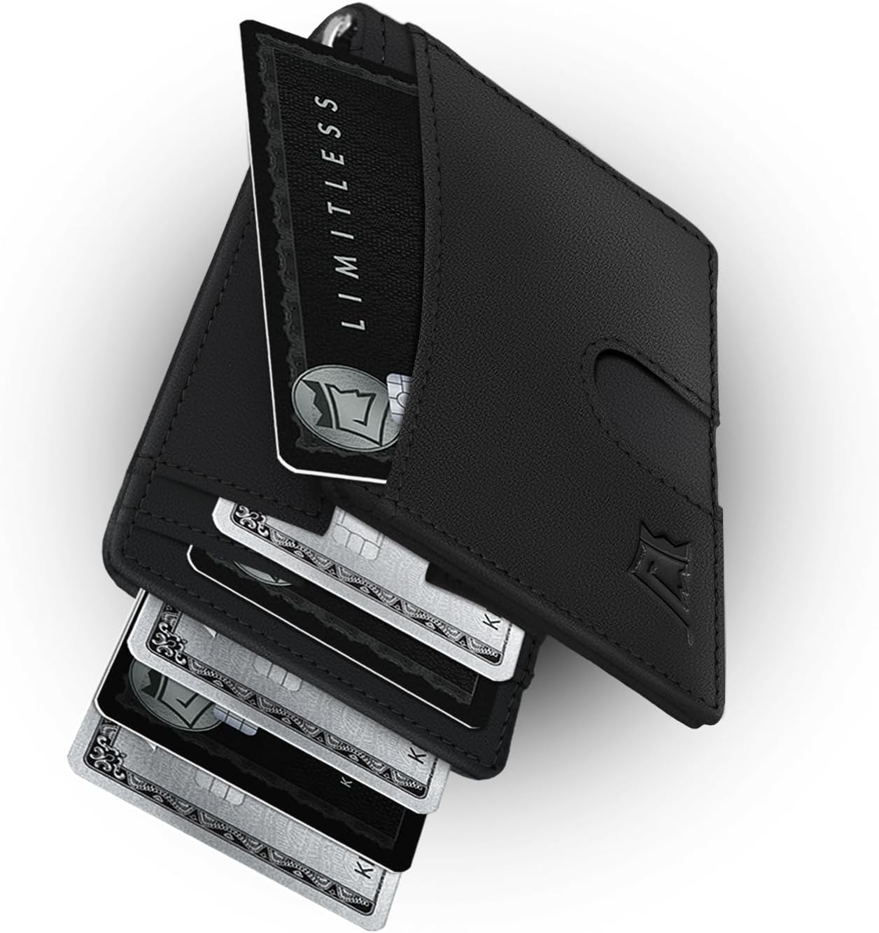 Kings Loot Money Clip Slim Minimalist Wallet for Men – RFID Blocking Leather Design with Money Clip – Front Pocket Bifold Holds 12 Cards – Stylish & Compact Wallets (Black/Premium Engraved)