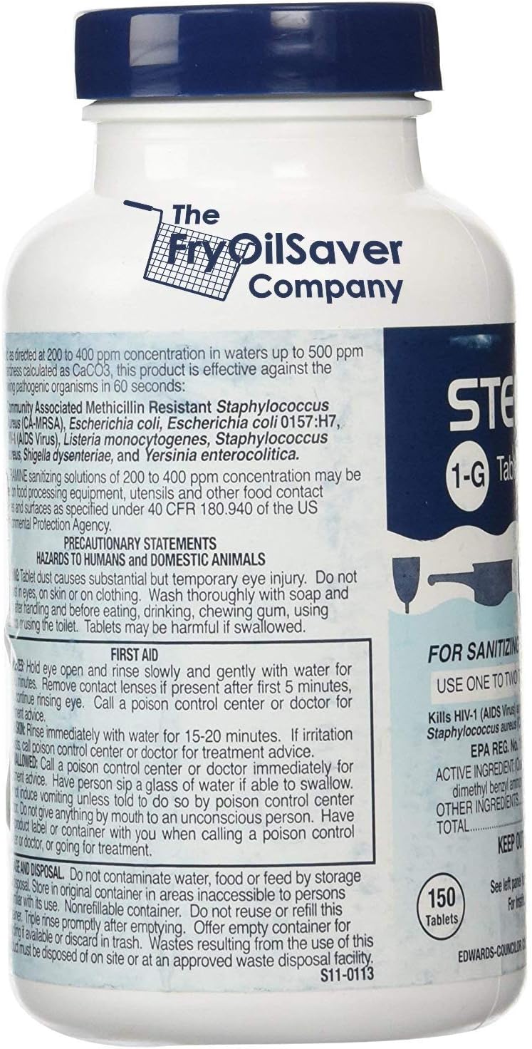 1 Bottle Steramine Tablet, Steramine Multi Purpose Sanitizer Tablet for Food Services, Food Contact Surfaces, Bar, Hotel Kitchen, Busy Diners, Restaurants & FoodTrucks by FryOilSaver Co. (150 Tablets)