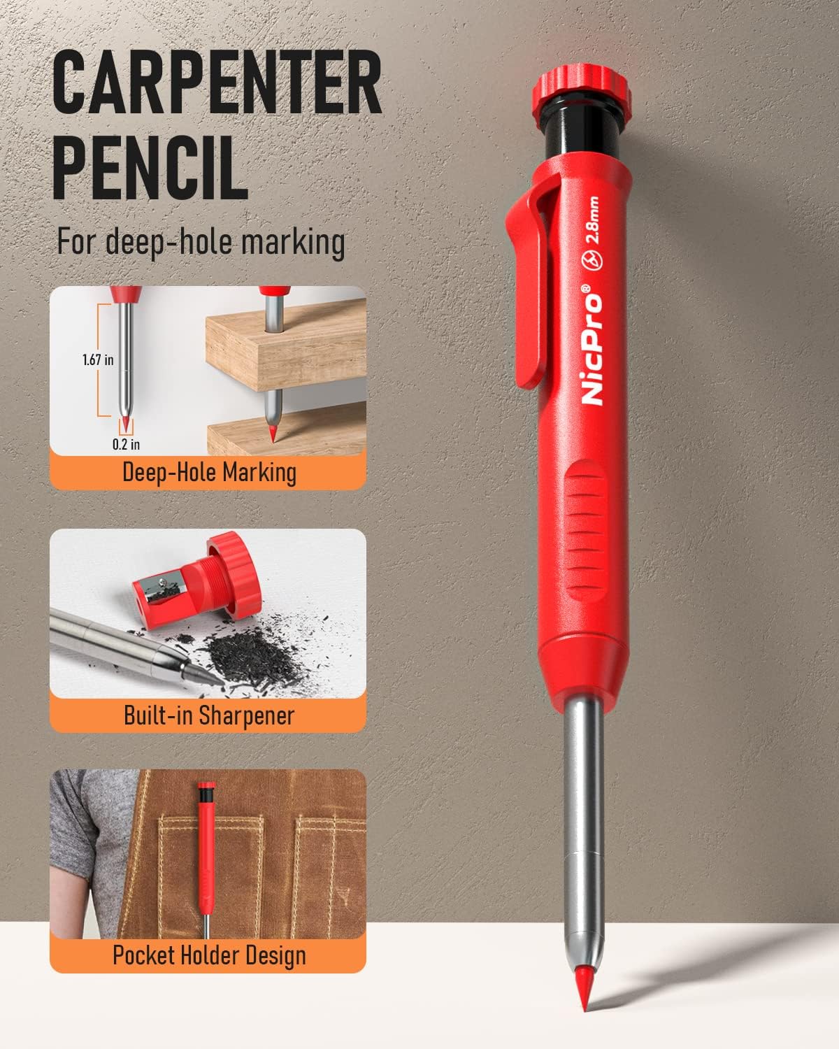 Nicpro CP1000 Carpenter Pencil with Sharpener, 2.8 mm Mechanical Pencils with 13 Refills, Deep Hole Marker for Construction, Heavy Duty Woodworking Pencil, Carpenter Tools for Architect Marking
