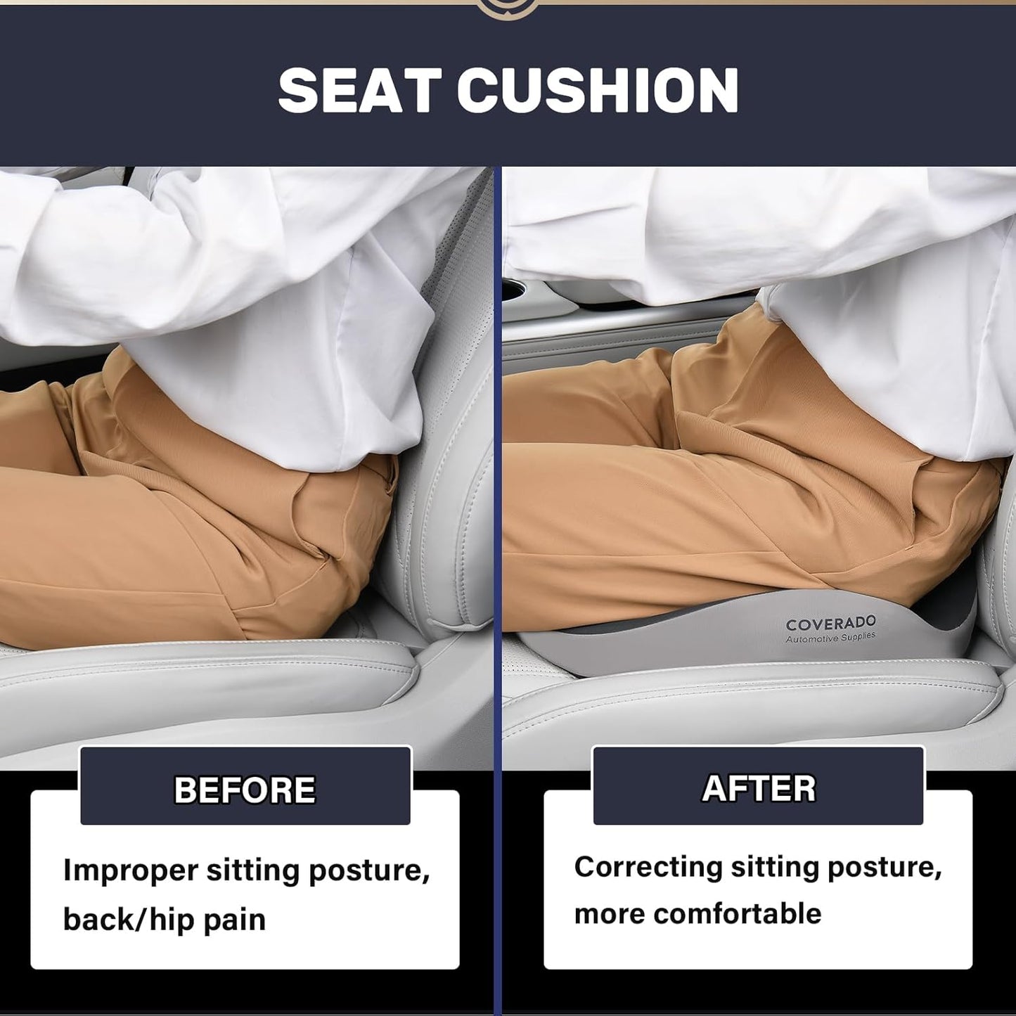 Coverado Car Seat Cushion for Car Seat Driver/Passenger, Memory Foam Seat Cushions for Office Chairs, Tailbone Pain Relief Cushion, Sciatica & Back Support Black&Gray