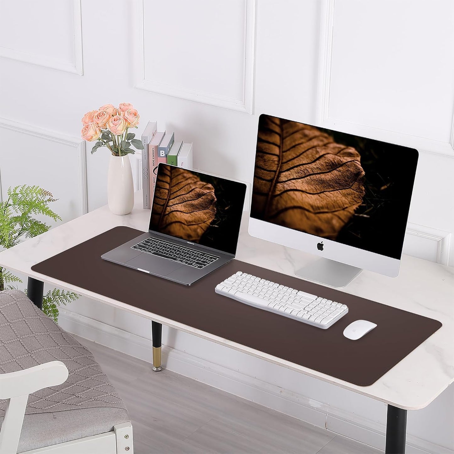 AFIING Leather Desk pad Protector, Large Non-Slip Office Desk Mat with Natural Cork & PU Leather, Waterproof Writing Mouse Pad for Office and Home (55in*17in,Coffee)