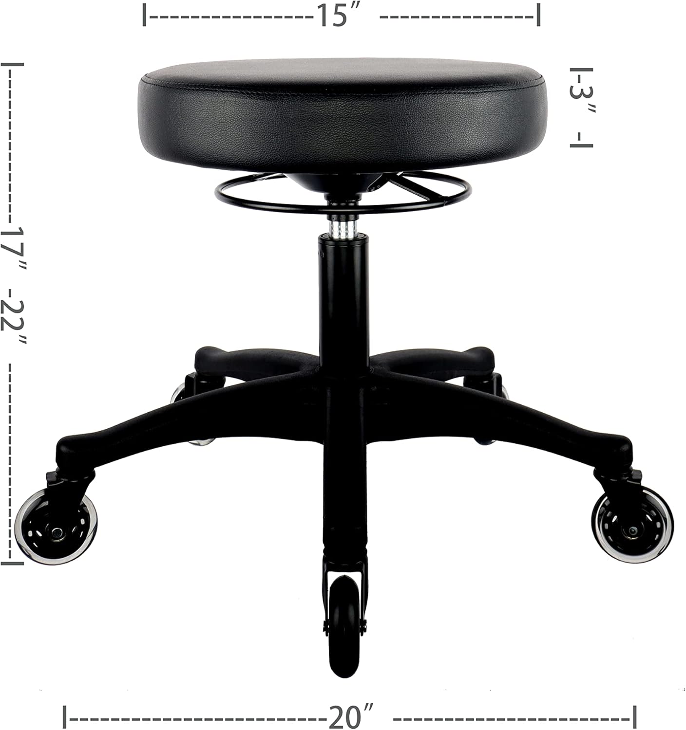 TAKE UR SEAT® 15" Table Height Adjustable Round Seat Stool Heavy Duty Built and Shipped Within 24 Hours, Spa, Medical, Lab, Black (Rubber Caster)