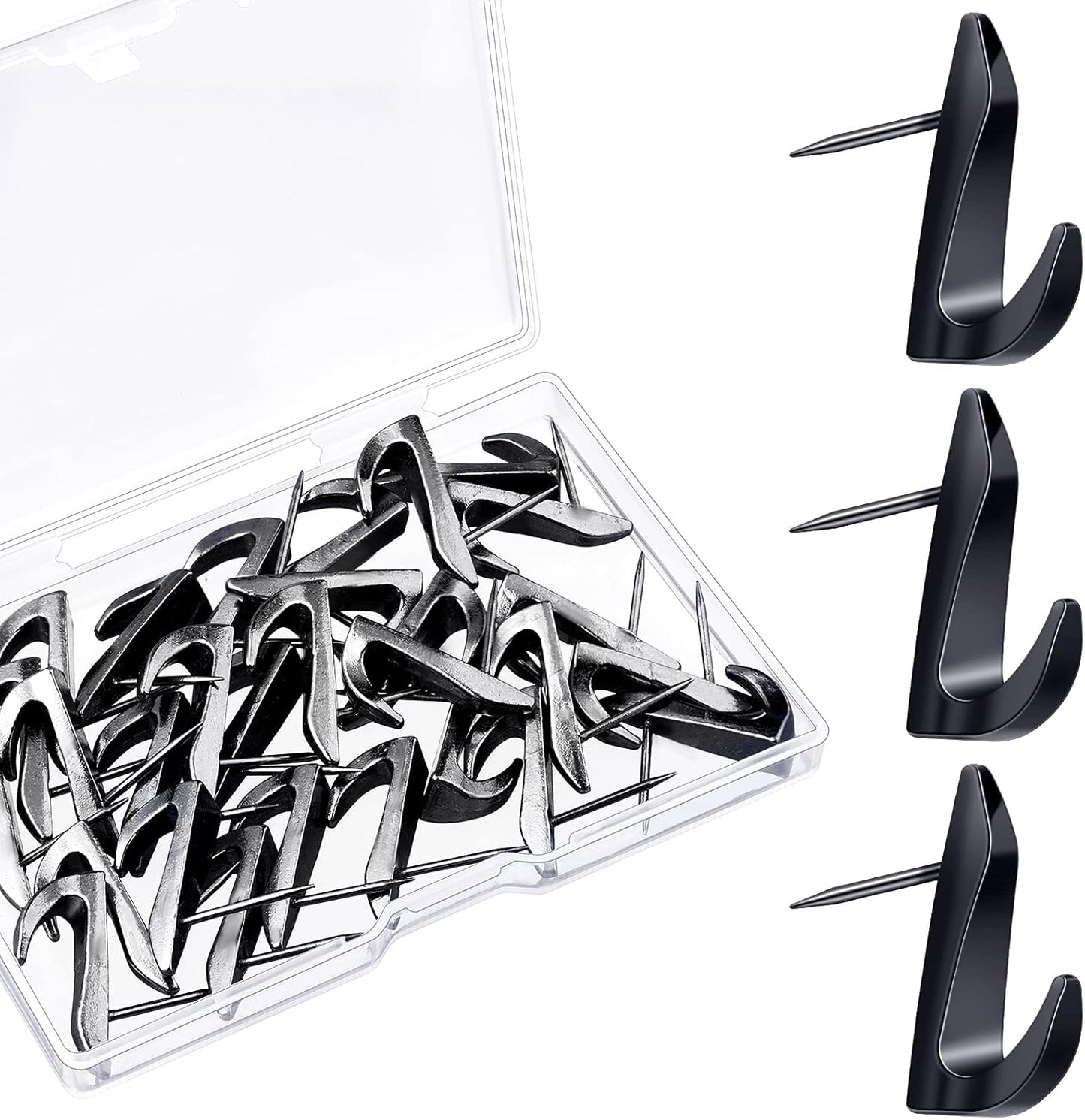 Ferraycle 30 Pieces Metal Push Pin Hangers 20 lbs Picture Hooks Zinc Alloy Thumb Tacks Hanging Hooks with Nails for Home Office Fabric Wall Wooden Board (Black)