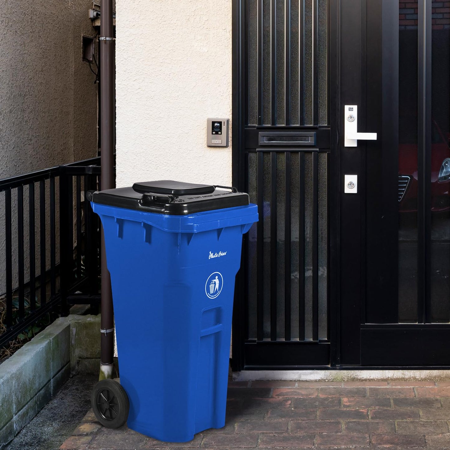 32 Gallon Recycling Rollout Trash Can with Lid, Commercial Heavy-Duty Wheeled Outdoor Garbage Can, Blue