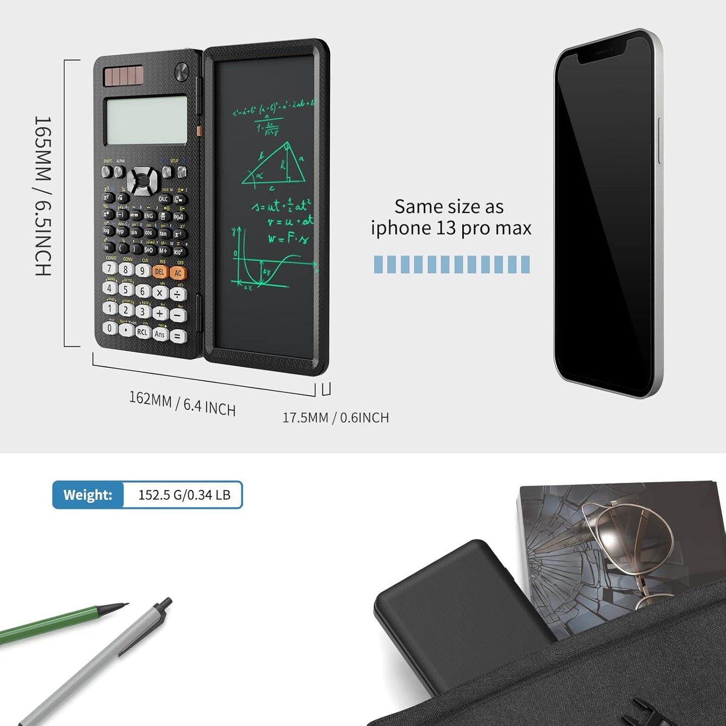 Scientific Calculators for Students 991ES Office Calculators Desktop, ROATEE 4-Line Display Calculator with Erasable LCD Writing Tablet, Solar Battery Power with Notepad Calculator for School