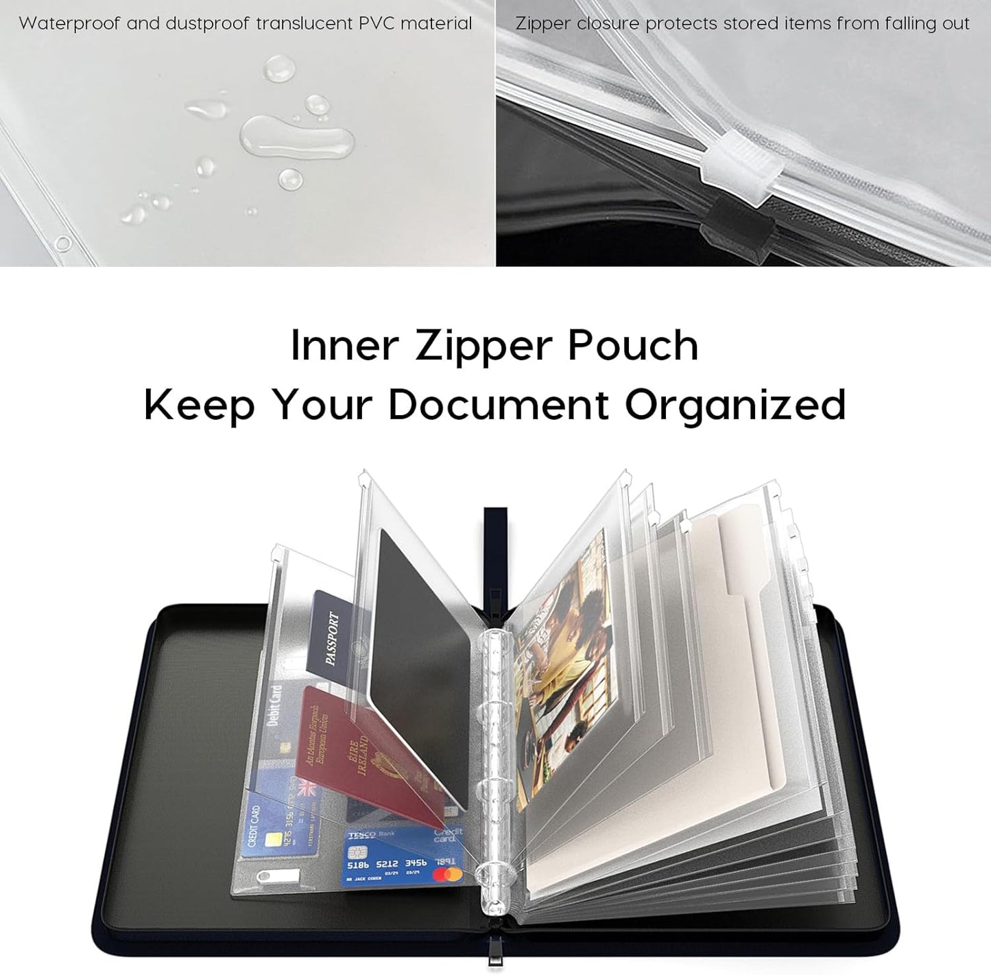 Important Document Organizer Zipper Binder,Fireproof Document Bag for Birth Certificate Protector, Waterproof Bill Organizer in Case I Go Missing Binder for Home Safe, 4 Ring Receipt Holder(Blue)
