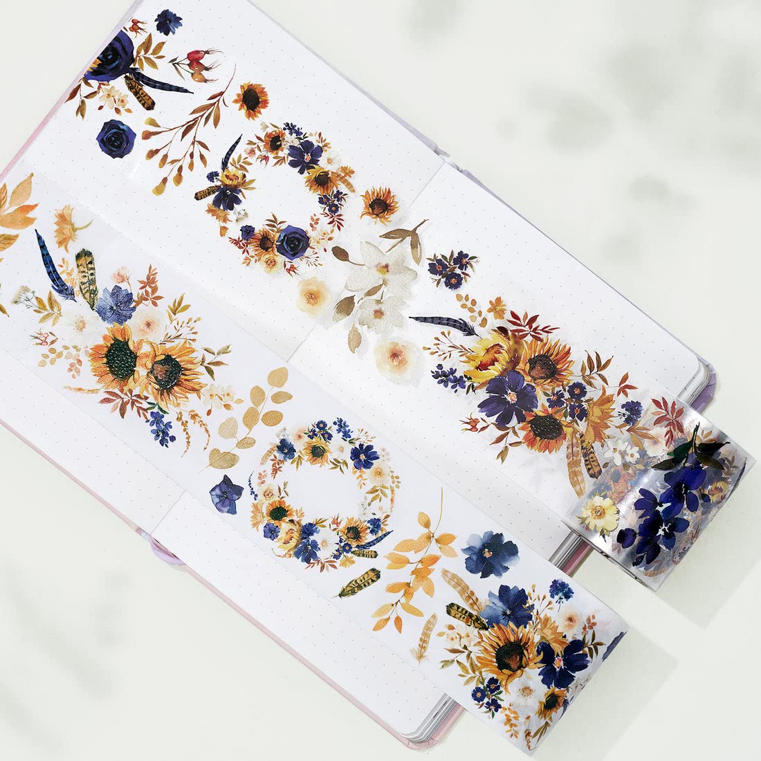 WT Sunflower & Navy Wide Washi Tape, 60mm Width, Single Roll, Floral Decorative Tape for Journaling, Planners, Bujo, DIY Crafts, Original Design Paper Tape