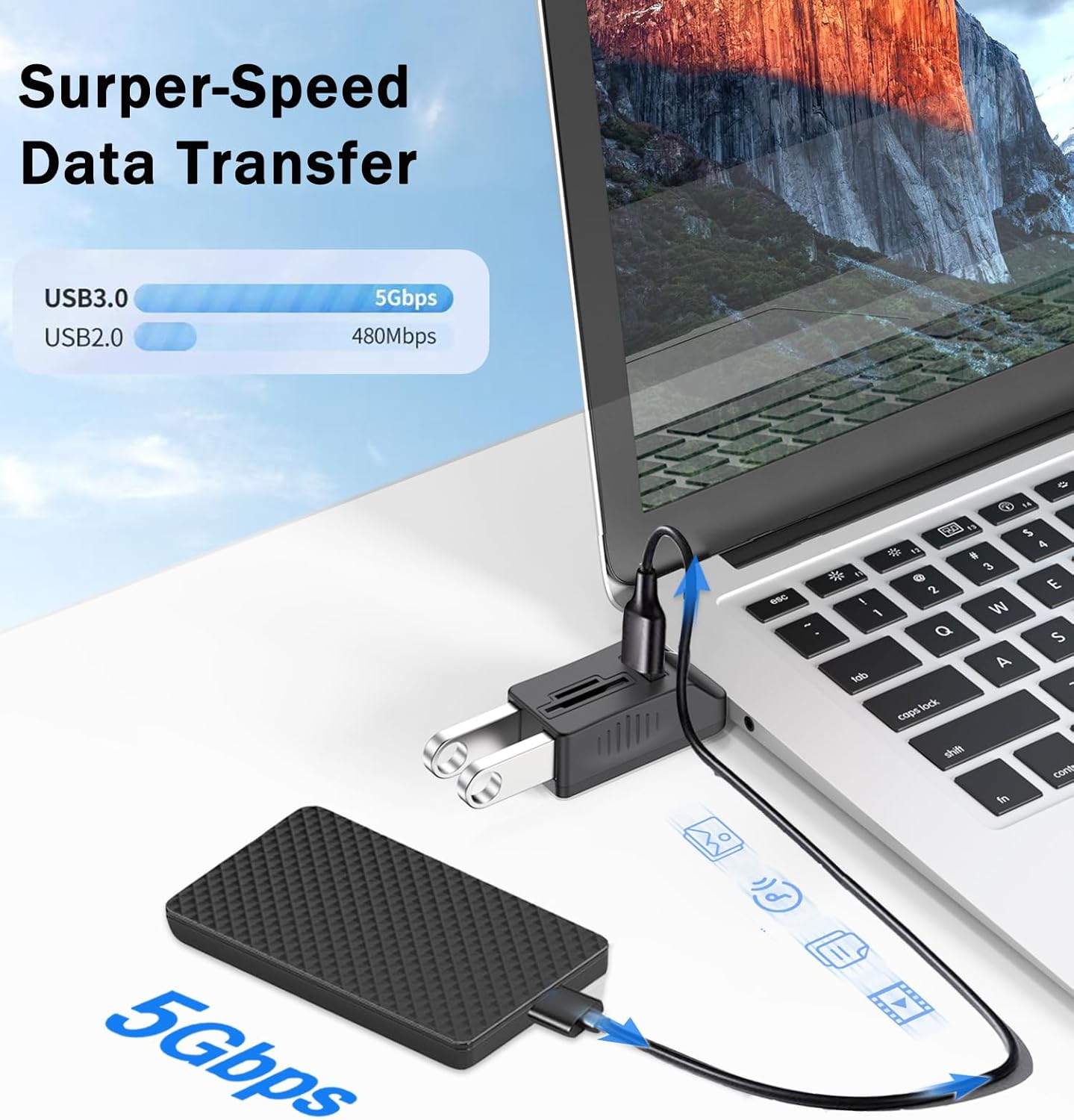 VIENON 5-Port USB 3.0 Hub with SD TF Card Reader, USB Extender Adapter with Memory SD/Micro SD Card Reader, USB 3.0/2.0 Ports, Portable USB Splitter for Laptop,PC, Camera, Flash Driver, HDD, Dash Cam
