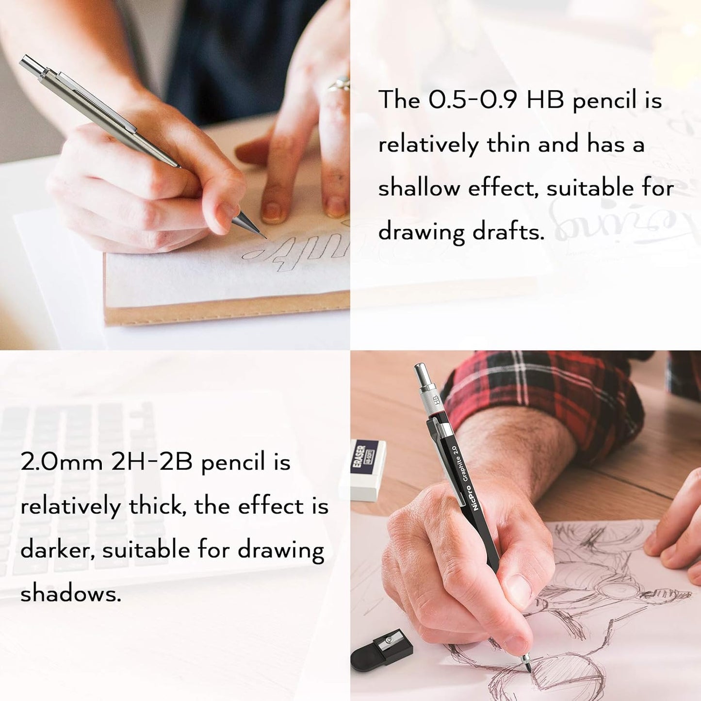 Nicpro 30PCS Art Mechanical Pencil Set in Leather Case, Metal Drafting Pencil 0.5 mm, 0.7 mm, 0.9 mm & 3 PCS 2mm Lead Holders for Sketching Drawing With 16 Tube (6B 4B 2B HB 2H 4H Colors) Lead Refills