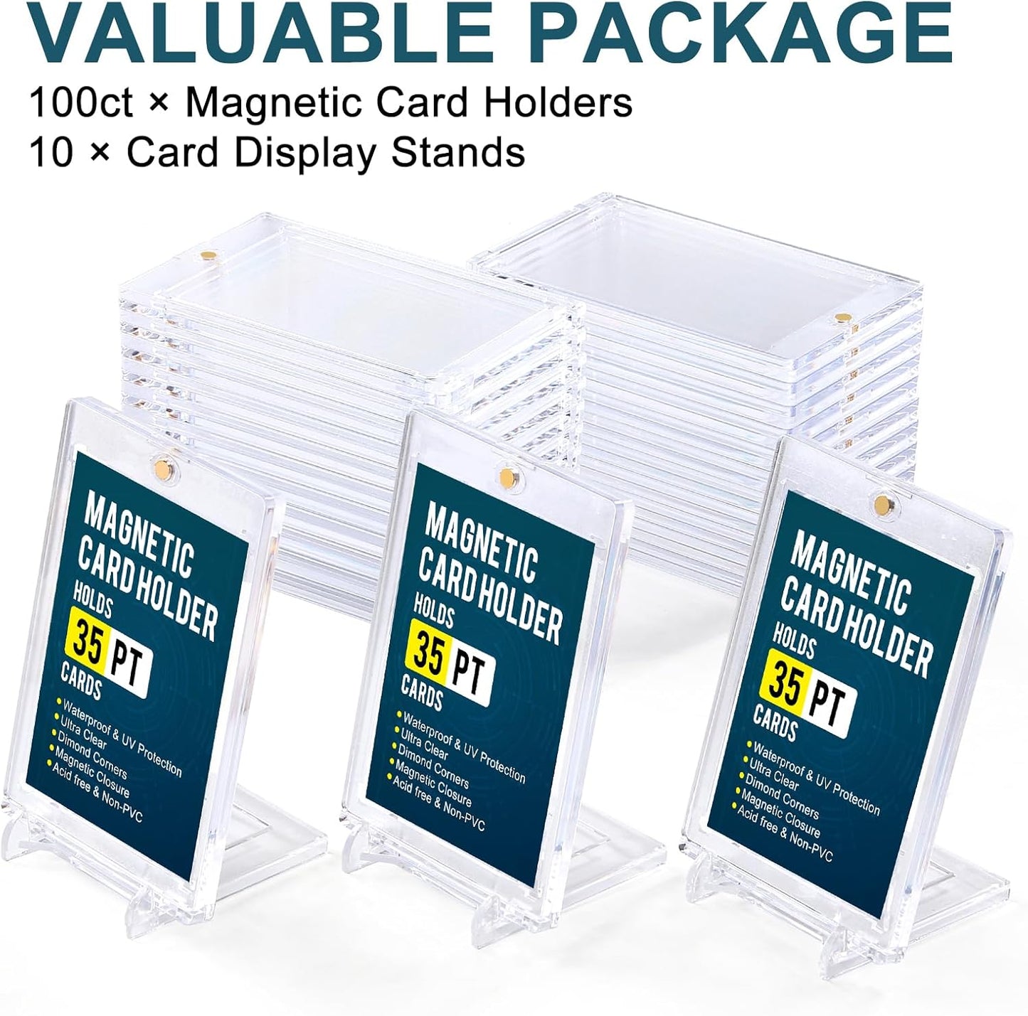 GEAoffice 100pc Magnetic Card Holder for Trading Cards, Hard Plastic 35pt UV Protection Baseball Card Holder with Display Stands for MTG, Sports Cards, Ultra Clear