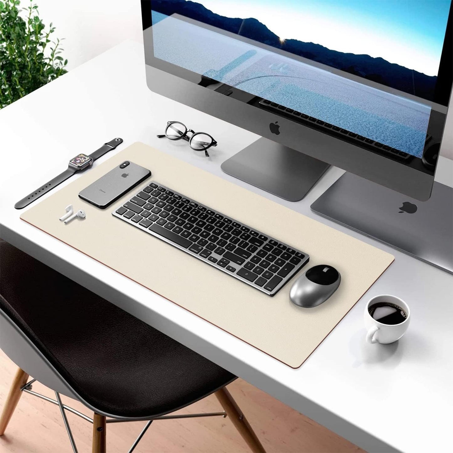 Aothia Double-Sided PU Leather Desk Pad - Non-Slip Large Mouse Pad & Desk Mat for Office, Home - Waterproof, Easy to Clean, Durable Dual-Sided Surface (23.6"x13.7", Beige)