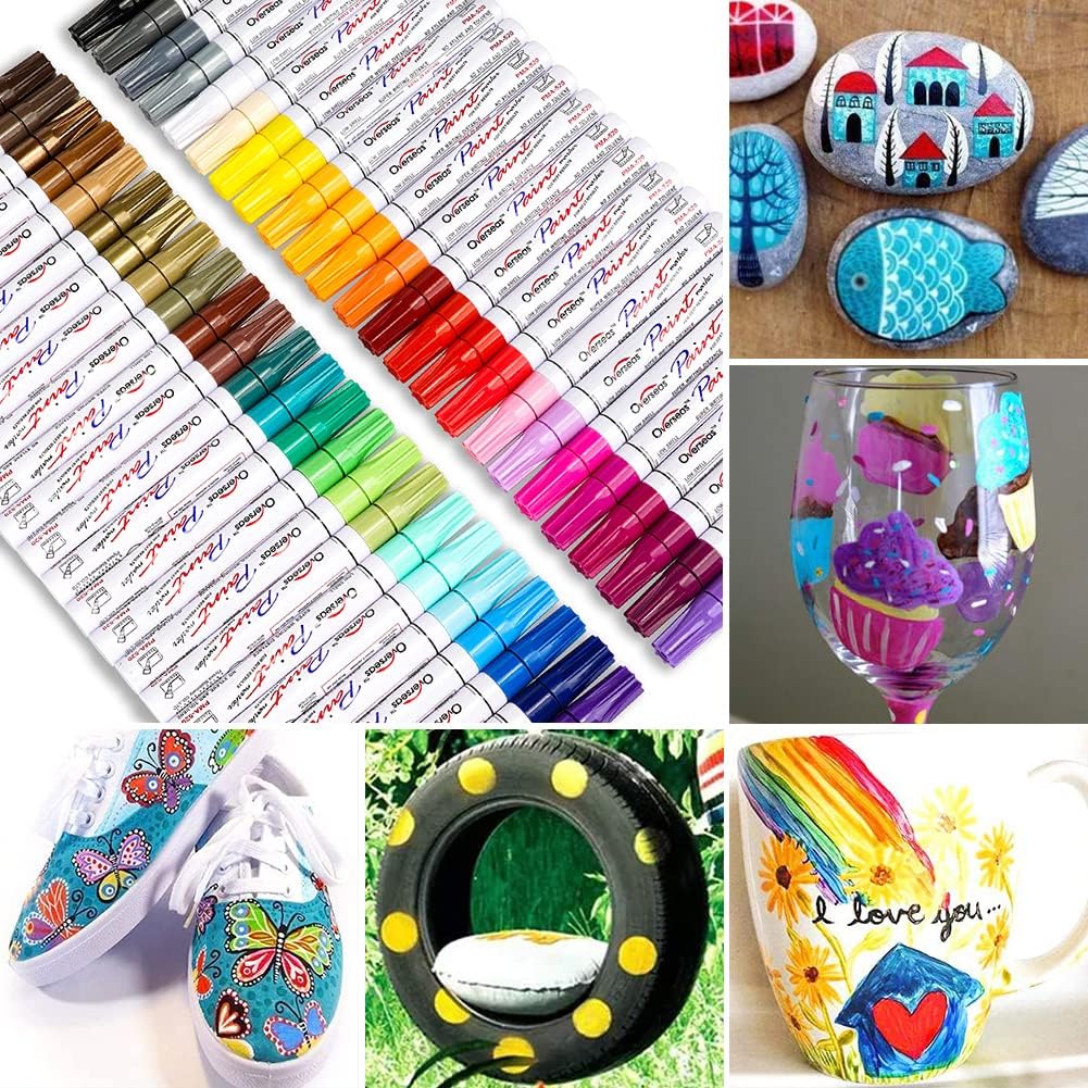 Overseas 36 Colors Paint Marker Pens - Permanent Oil Based Paint Markers, Medium Tip, Quick Drying, Waterproof Assorted Colors Marker Pen for Metal, Wood, Plastic, Rock, Stone, Rubber, Canvas, Glass
