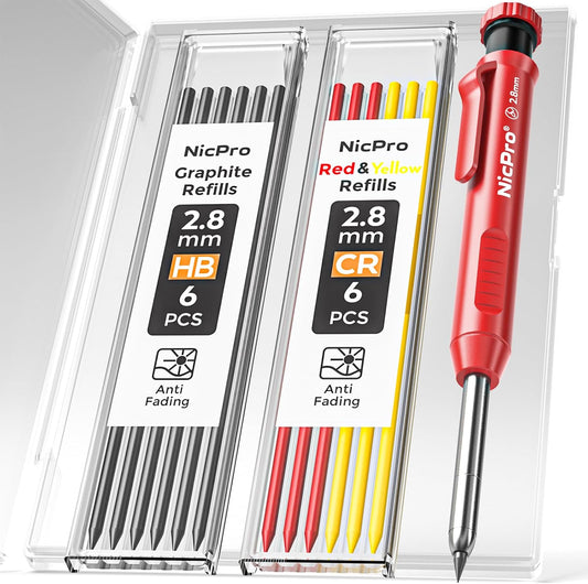Nicpro CP1000 Carpenter Pencil with Sharpener, 2.8 mm Mechanical Pencils with 13 Refills, Deep Hole Marker for Construction, Heavy Duty Woodworking Pencil, Carpenter Tools for Architect Marking
