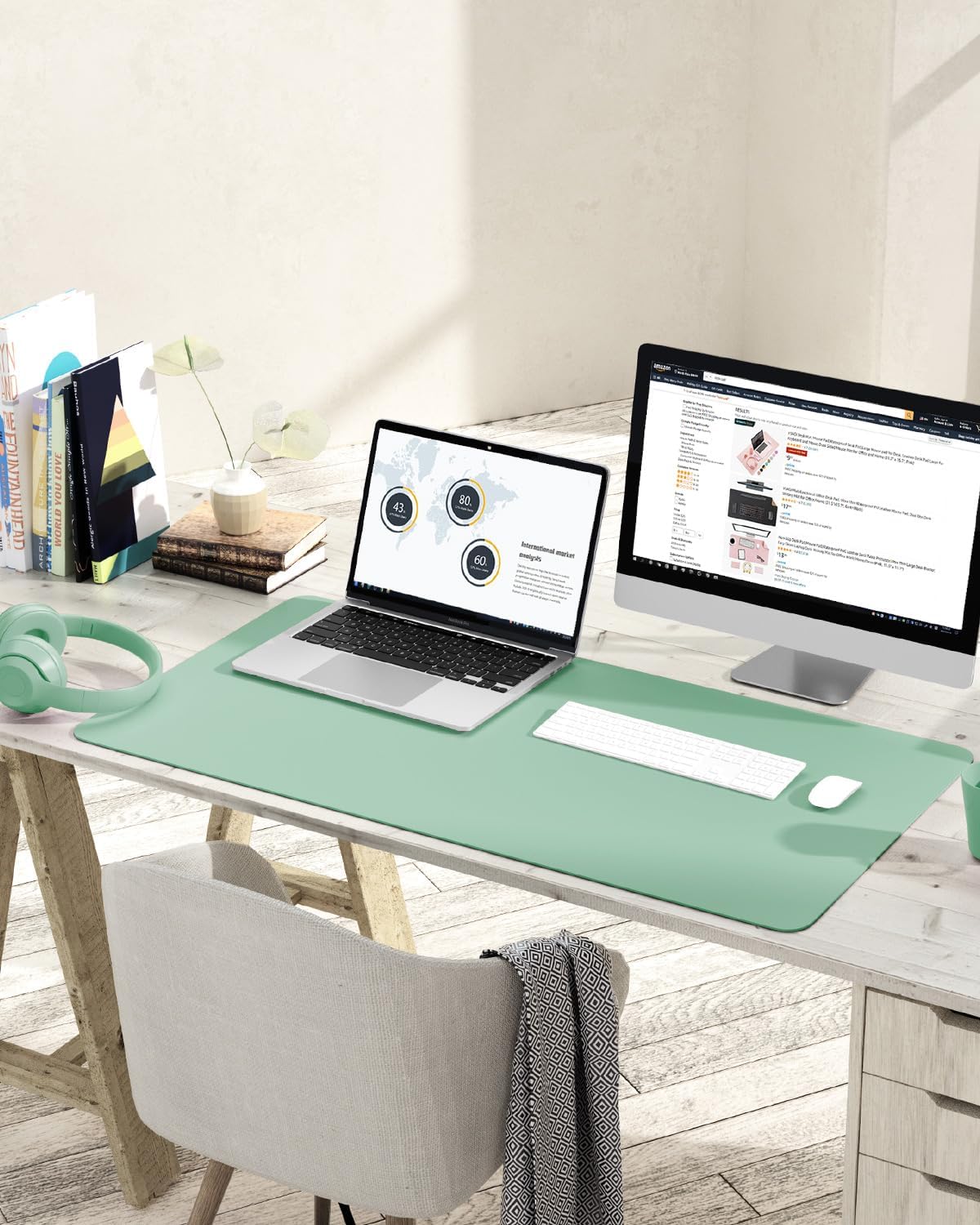 YSAGi Non-Slip Leather Desk Pad L Size, Waterproof Laptop Computer Desk Keyboard Mat, Table Protector Blotter Mat, Large Mouse Pad for Office/Work/Home/Decor(Pale Green, 35.4" x 17")