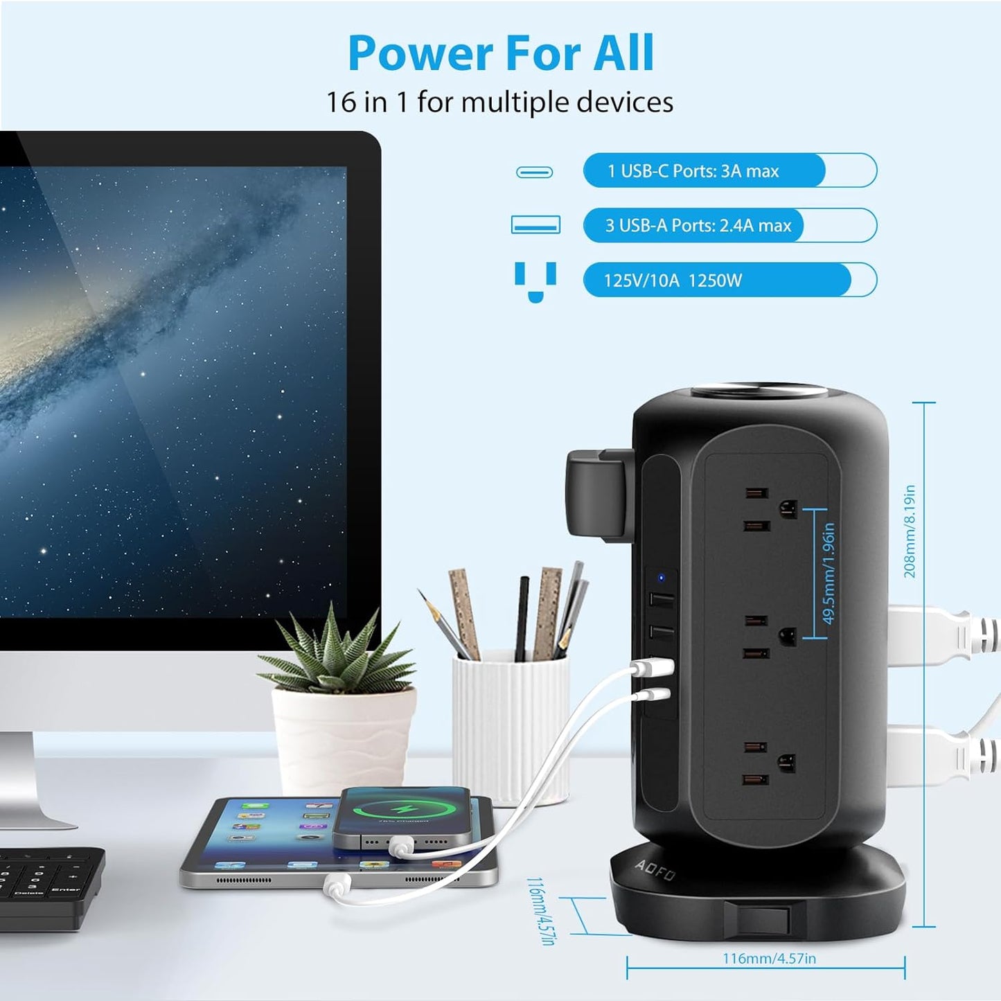 Long Extension Cord 15 ft Power Strip Tower, Surge Protector 12 AC Outlets 4 USB(1 USB C) Ports, Charging Tower Overload Protection with Multiple Outlets for Home Office