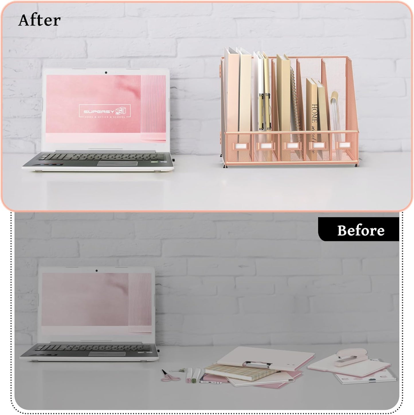 SUPEASY Desk Organizers Metal Desk Magazine File Holder with 5 Vertical Compartments Rack File Organizer for Office Desktop, Home Workspace, Rose Gold