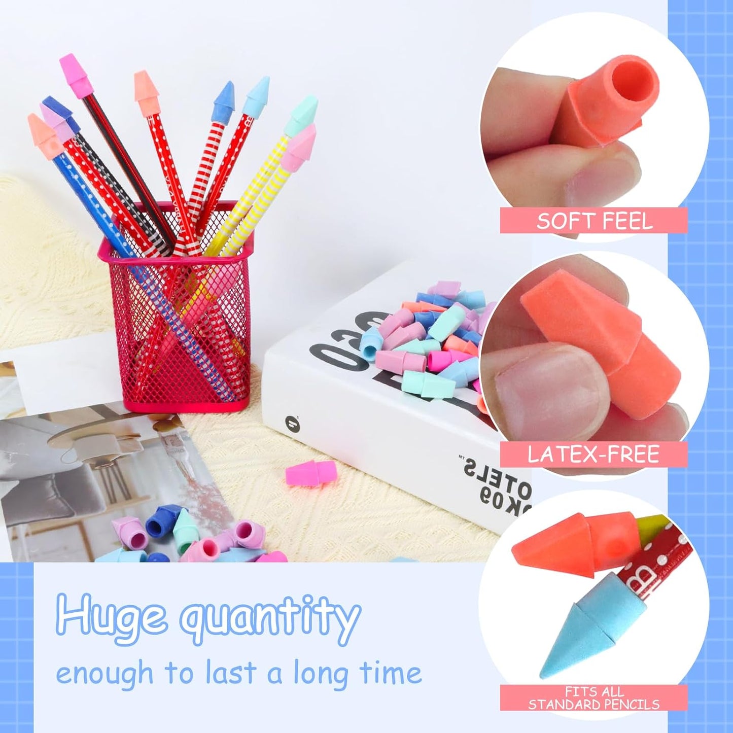 PRALB 400PCS Pencil Top Eraser Bulk Caps for Pencils,Chisel Shape Erasers Toppers for Party Favors Games Prizes, Pencil Top Erasers Cap for Home School Classroom Office Ocean Color