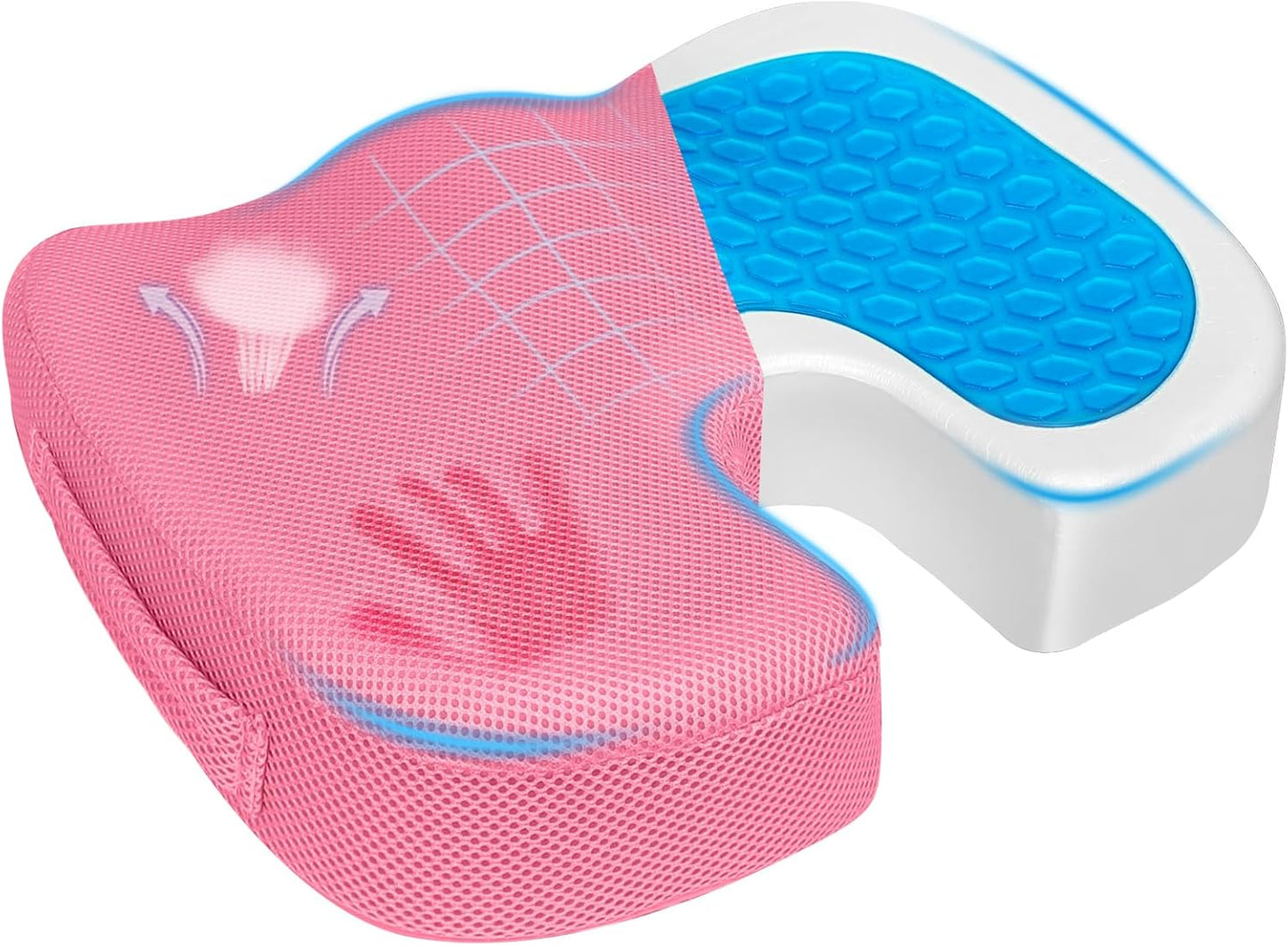 Gel Seat Cushion for Car Office - Memory Foam Pain Relief Chair Pillow Cushions - Tailbone Sciatica Coccyx Butt Lumbar Support Pad for Sitting Driving Traveling, Mesh, Pink
