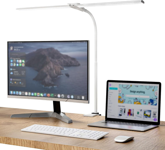 LED Desk Lamp, Double Head Desk Lamps for Home Office, Dimmable 25 Lighting Modes Bright Desk Lighting,12W 1400lm Eye-Caring Architect Table Lamp for Workbench Monitor Reading Study, White