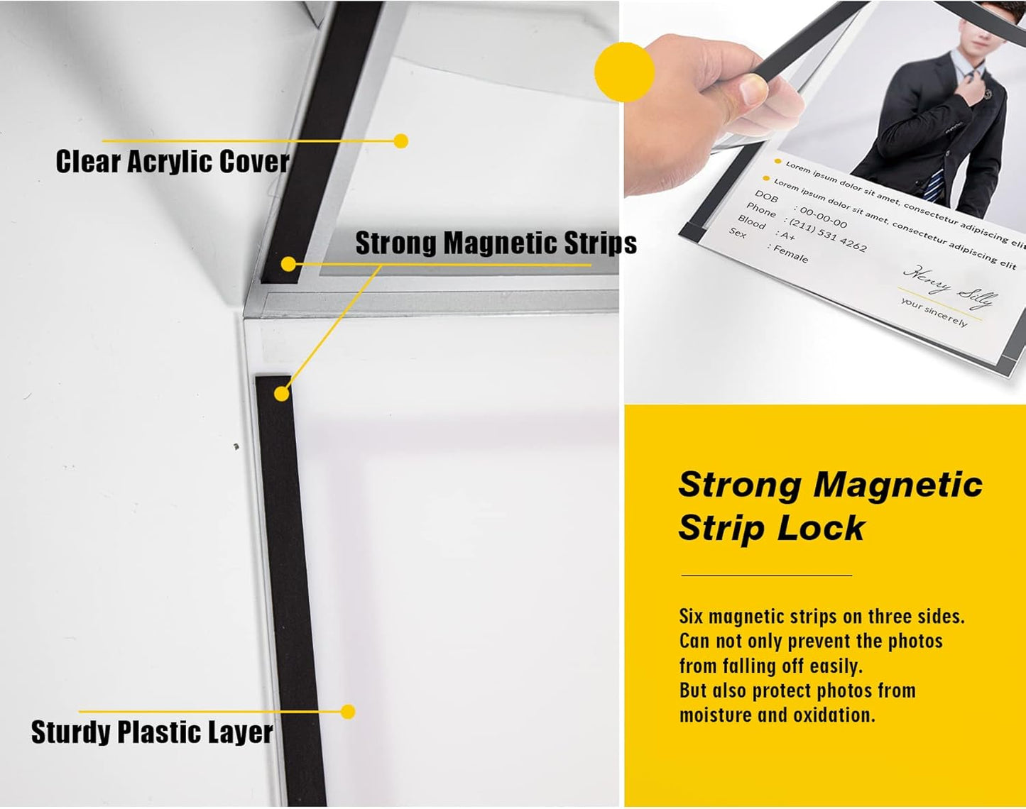 Acrylic Magnetic Sign Holder, Easy-Opening 8.5 x 11 Wall Mount Display Frames, Self Adhesive Back Plastic Clear Document Frame, Horizontal & Vertical Display (Silver, 3Pack)
