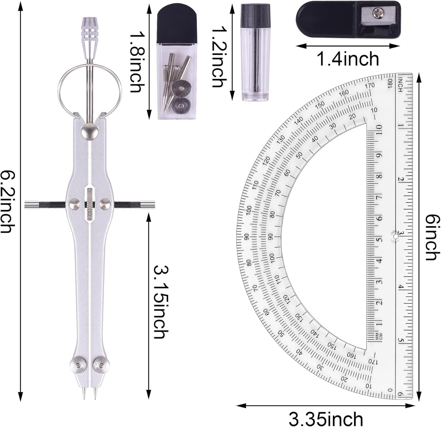 Compass and Protractor Set, Professional Drawing Compass Tool, Metal Compass with Extra Refills, Compass for Geometry and 6 Inch Math Protractors 180 Degree (Silver)