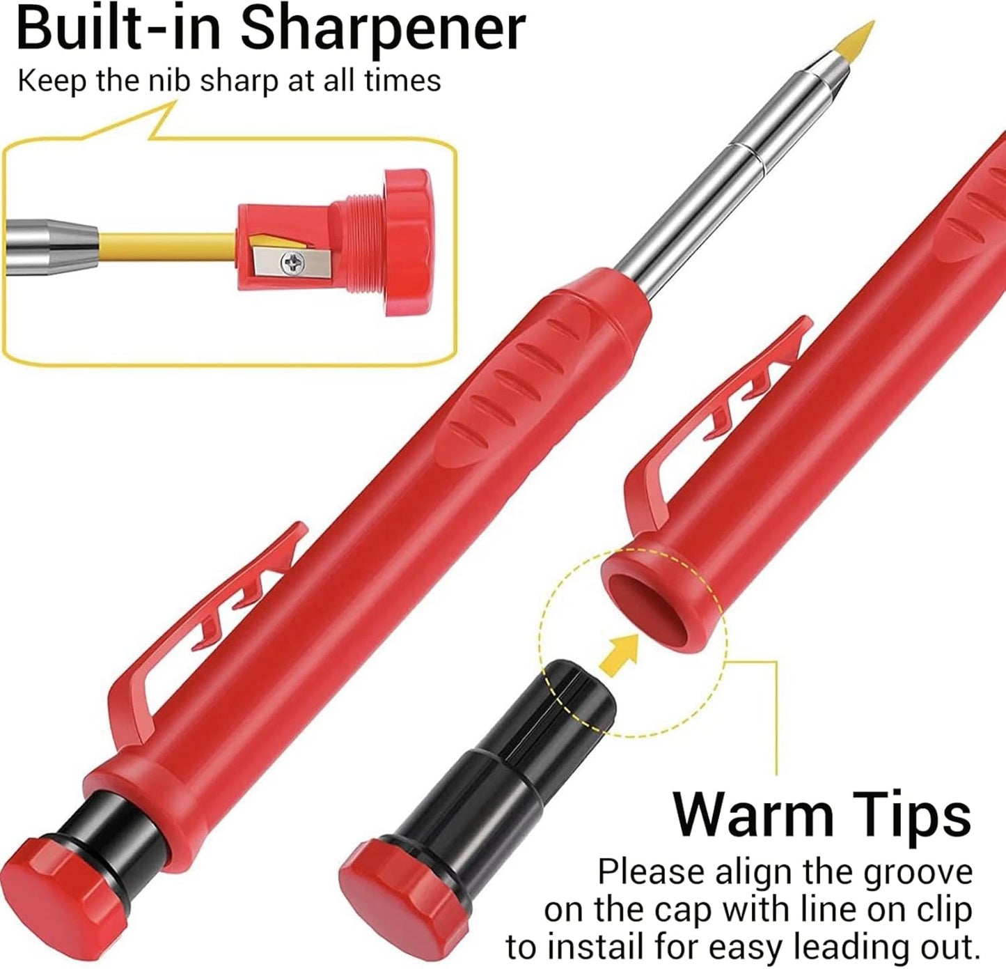 Gegong 3 Pieces Solid Carpenter Pencil with 21 Refill Built-in Sharpener, Long Nosed Deep Hole Mechanical Pencil Marker Marking Tool (Solid Carpenter Pencil Set)