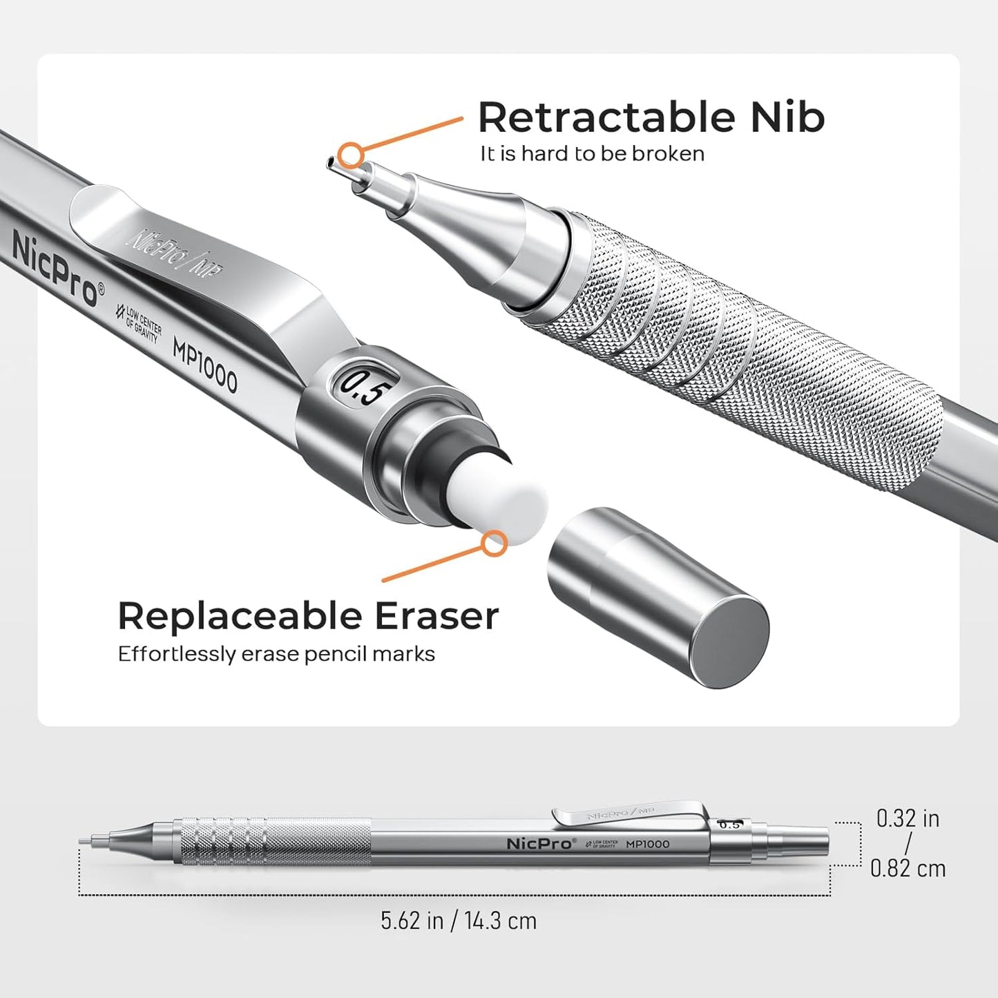Nicpro 2 PCS Mechanical Pencils 0.5mm & 0.7 mm with Case, MP1000 Metal Artist Pencil Set with 6 Tubes HB Lead Refills, 3 Erasers, 9 Eraser Refills For Art Writing Drafting Drawing, Black & Silver