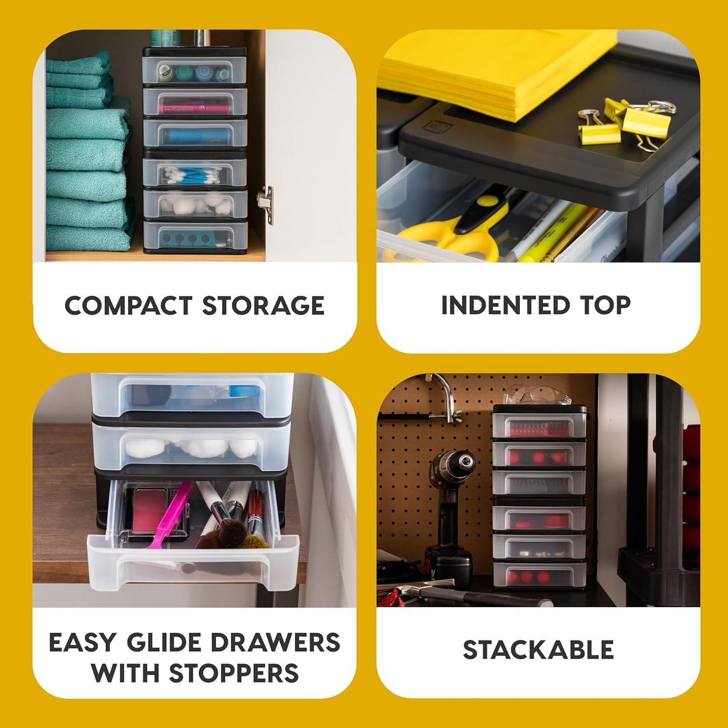 IRIS USA Plastic Stacking Desk Top 3-Drawer Storage Organizer, 2-Pack, for Makeup Vanity Nail Polish Bathroom Stationery Art Craft Supplies Kitchen Office Garage and Small Organization, Small, Black
