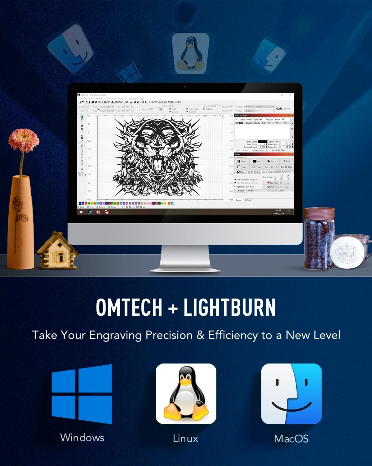 OMTech 100W CO2 Laser Engraver with LightBurn & Water Chiller, 20"x28" Laser Engraving Cutting Machine with 4 Way Pass Through Air Assist Wheels, Industrial Laser Cutter