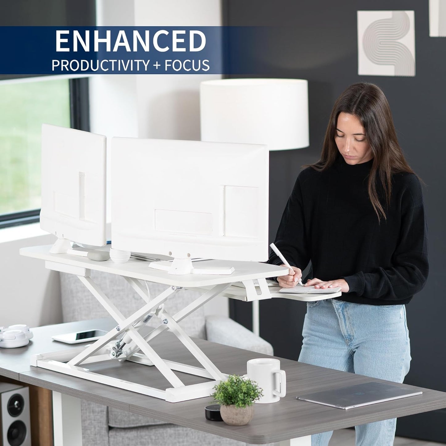 VIVO 36 inch Desk Converter, K Series, Height Adjustable Sit to Stand Riser, Dual Monitor and Laptop Workstation with Wide Keyboard Tray, White, DESK-V036KW