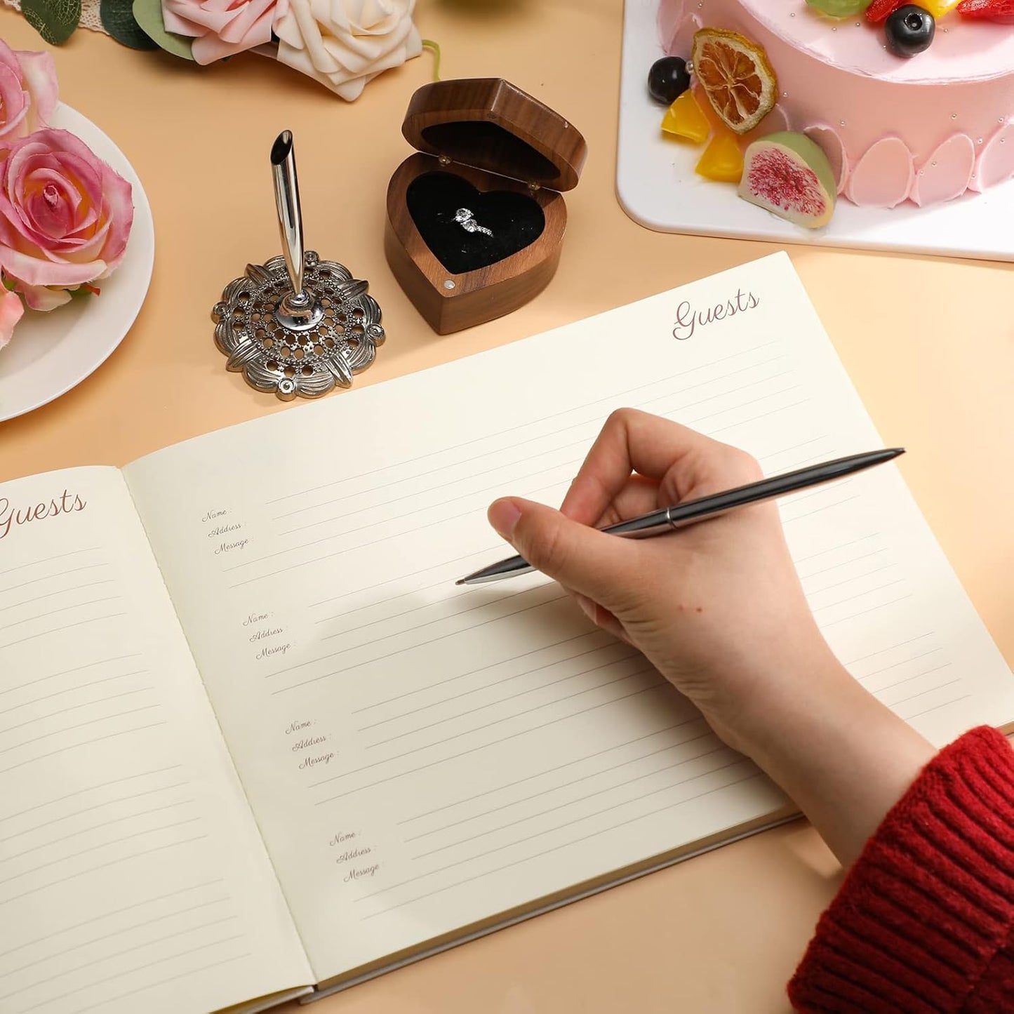 Leather Guest Book and Pen Stand Set, 10.5" x 8" Embossed Guests Sign in Book Registry Book for Funeral, Wedding Reception, Vacation Homes and Events, 80 Sheets (White)