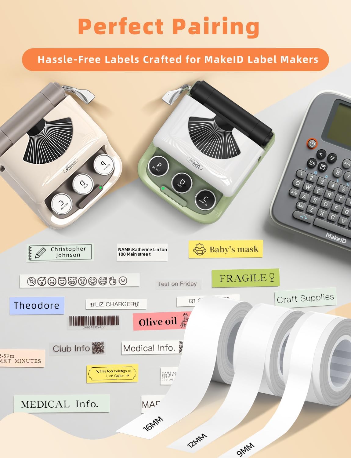 MakeID E1 Q1 Label Maker Tape Refills, 9mm x 4m (0.35" x 13') Continuous Sticker Thermal Laminated Waterproof Self-Adhesive Multipurpose Labeling Tape Replacement