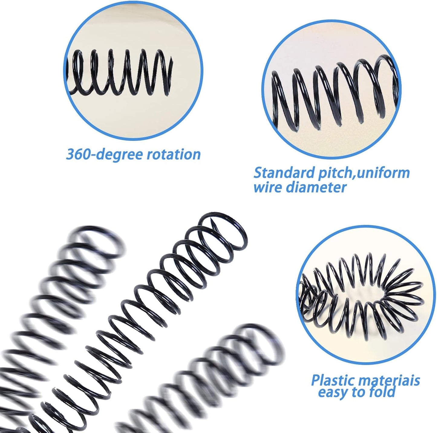 Rayson 28.6mm Plastic Spiral Coil Binding 3:1 Pitch, 1-1/8 inch, 240 Sheets Capacity Black Coil Binding Spines - Versatile for Office and Educational Tasks, Pack of 50
