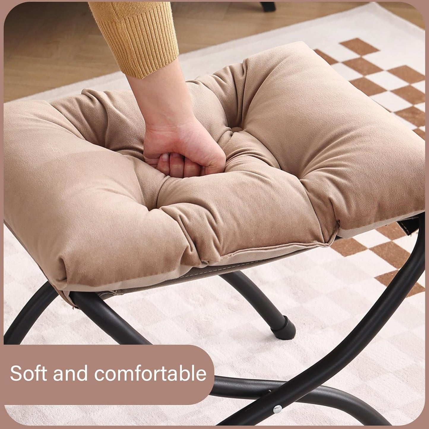 LITA Folding Upholstered Footrest Stool, Modern Small Portable Accent Ottoman with Detachable Thick Cotton Cushion Padded Sofa Stool with Metal Frame for Lazy Chair, Living Room & Bedroom, Khaki