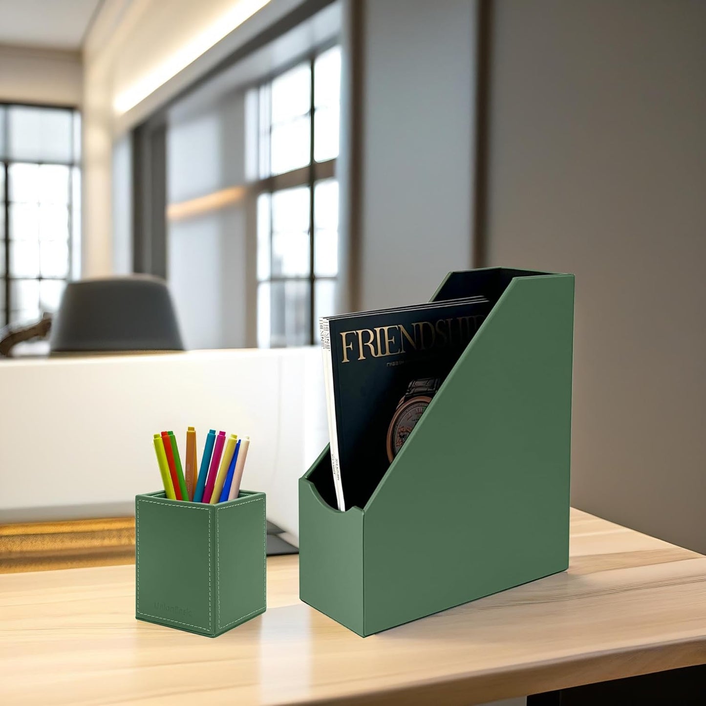 UnionBasic Magazine File Holder, Leatherette Desktop Document Organizer, Home Office Paper Holder File Storage Literature Sorter, Malachite Green