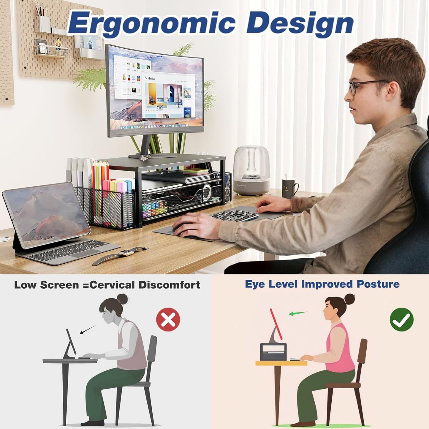 Desk Organizers and Accessories, 2-Tier Computer Monitor Stand Riser with Drawer and 2 Pen Holders, Laptop Stand, Office Desk Accessories for Office Supplies, Blue