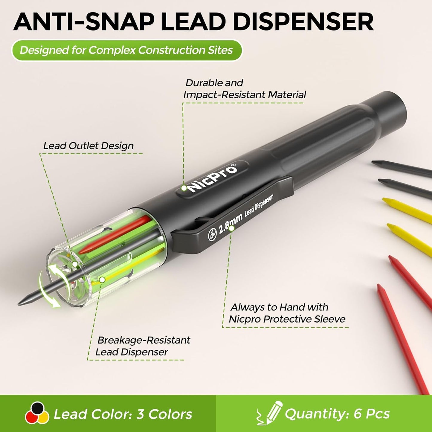 Nicpro Carpenter Pencil with Sharpener & Belt Clip, CP3000 Mechanical Pencils with 6 Refills in a Lead Dispenser, Deep Hole Long Nib Marker Pens for Construction, Woodworking Marking Carpenter Tools