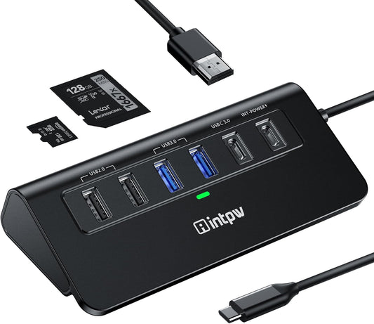 USB C Hub, INTPW 9-in-1 USB C to HDMI Adapter with 4K HDMI, PD 100W, USB-C and 2 USB A 3.0 5Gbps, 2 USB A 2.0, SD/TF Slots for MacBook Pro/Air, iPad Pro, iPhone 15/16 Series and Other Type C Devices