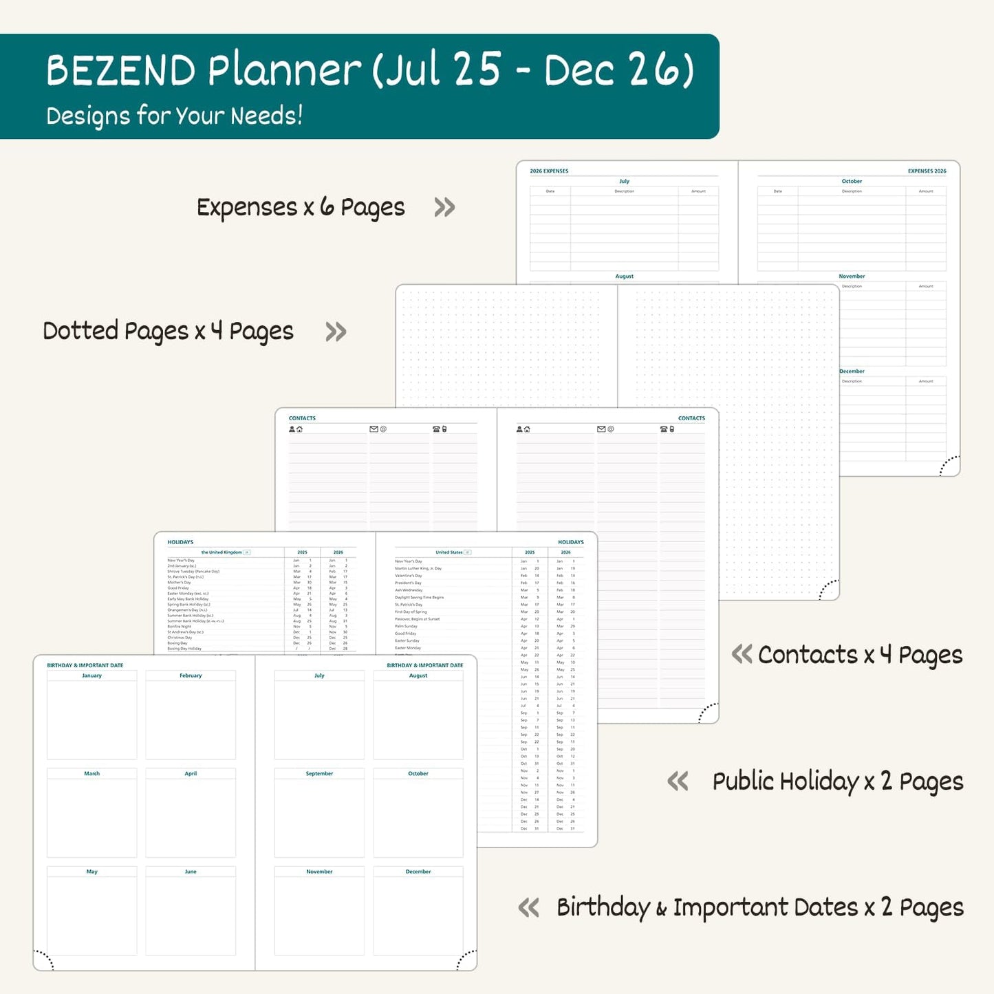 BEZEND Weekly Planner 2025-2026 with 2 Columns, 5.8" x 8.5" Academic Calendar 18 Months (Jul 25-Dec 26) Life Work Appointment Book with Monthly Tab, PU Leather Hardcover - Mustard