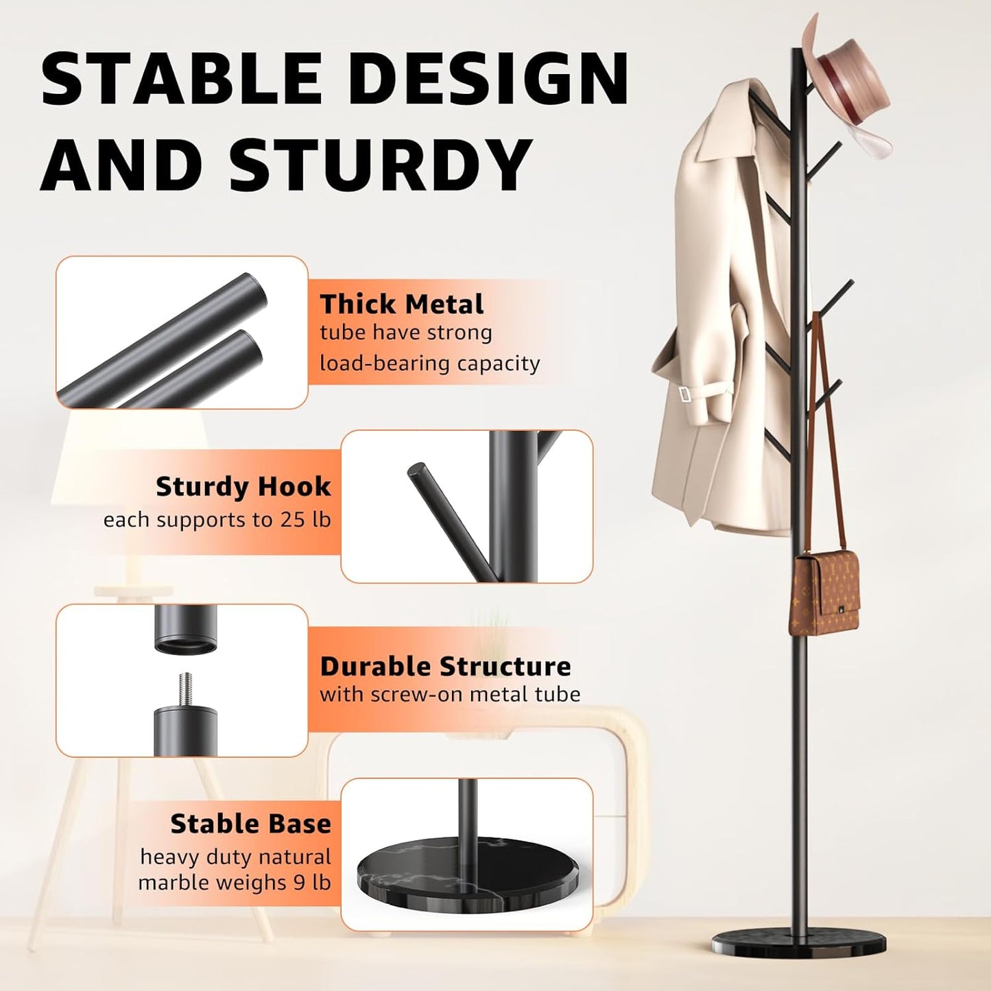 Coat Rack with Natural Marble Base, Metal Freestanding Coat Rack with 8 Hooks, 3 Adjustable Size Sturdy Coat Tree for Bags, Coats, and Hats for Entryway, Hallway, Bedroom, Office, Black