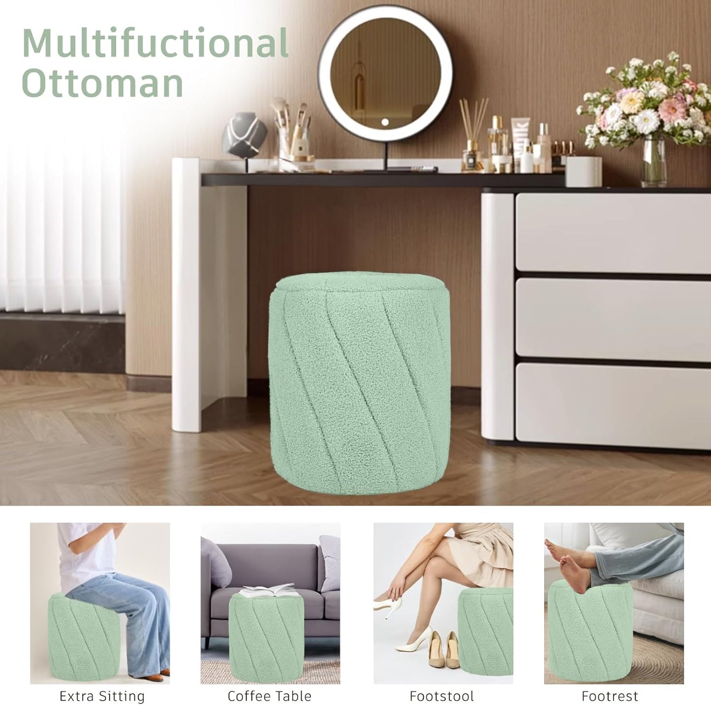 Modern Round Ottoman 2Pcs, Spiral-Tufted Foot Stool Ottoman, Teddy Fleece Upholstered Vanity Stool for Makeup, Bedroom, Living Room, Light Green
