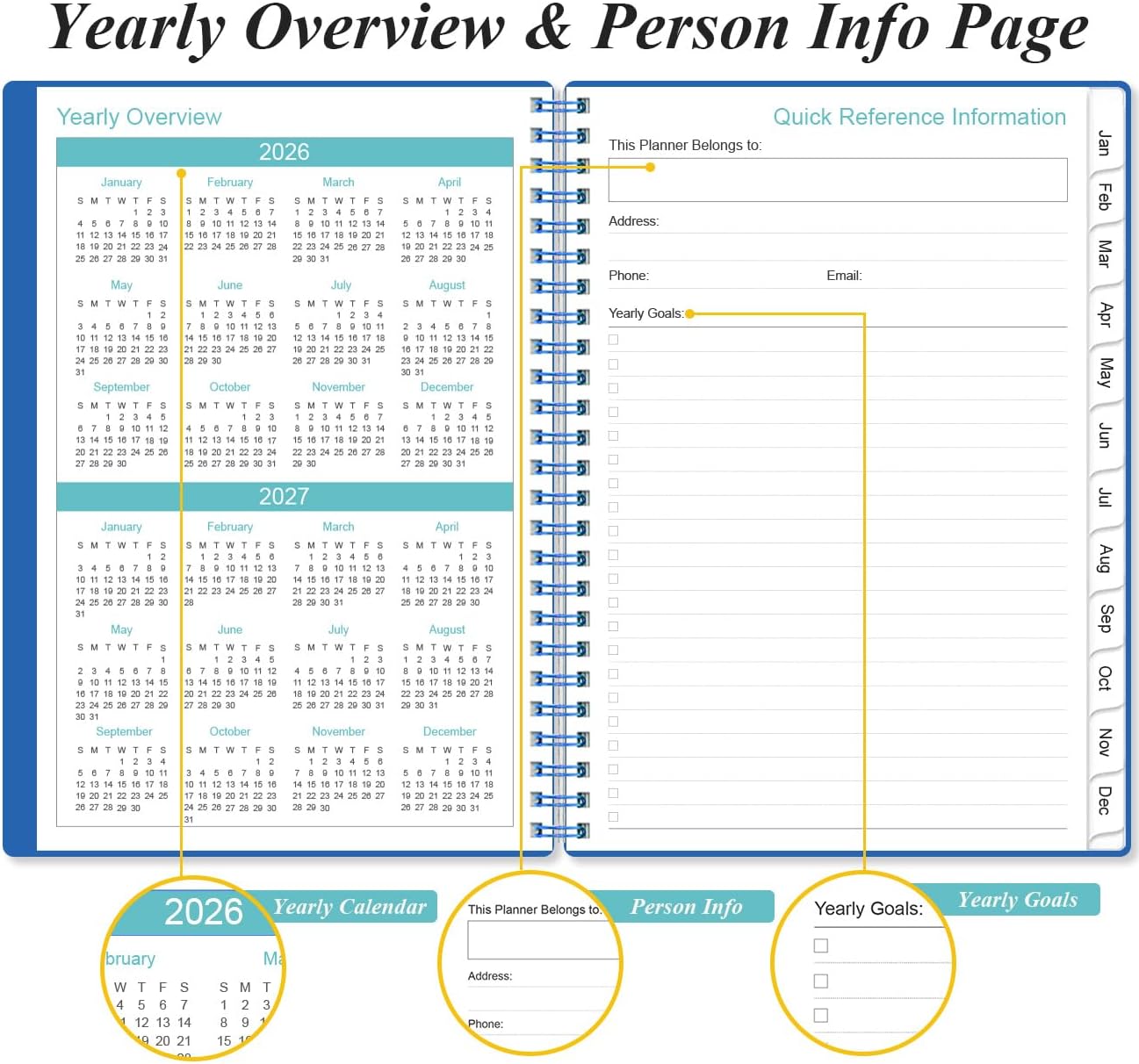 2026 Planner - Planner 2026 from January 2026 - December 2026, Weekly & Monthly Planner Spiral Bound with 12 Monthly Tabs, Inner Pocket, 6.4" x 8.5", Blue-E