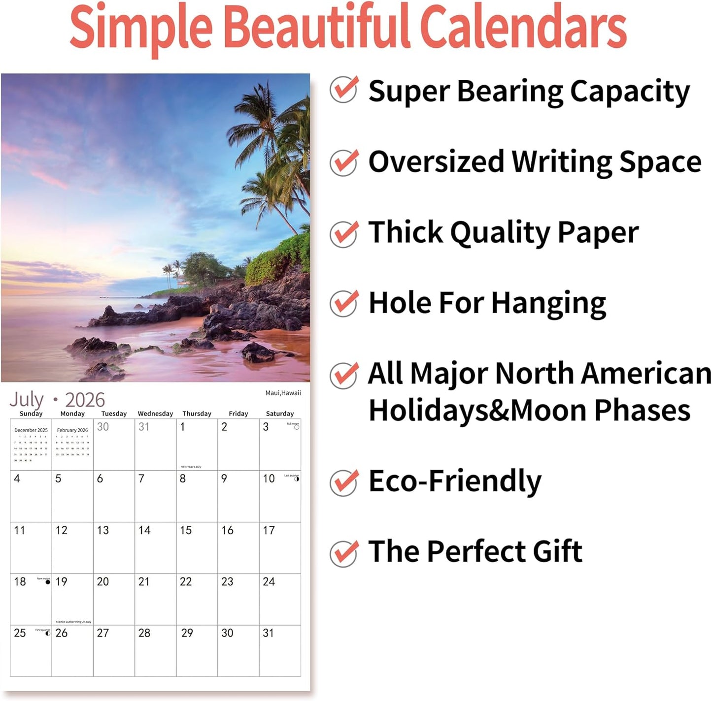 2025 Wall Calendar,Calendar 2026, July 2025 - December 2026, Wall Calendar Beaches, 12" x 24" Opened,Full Page Months Thick & Sturdy Paper for Calendar Organizing & Planning