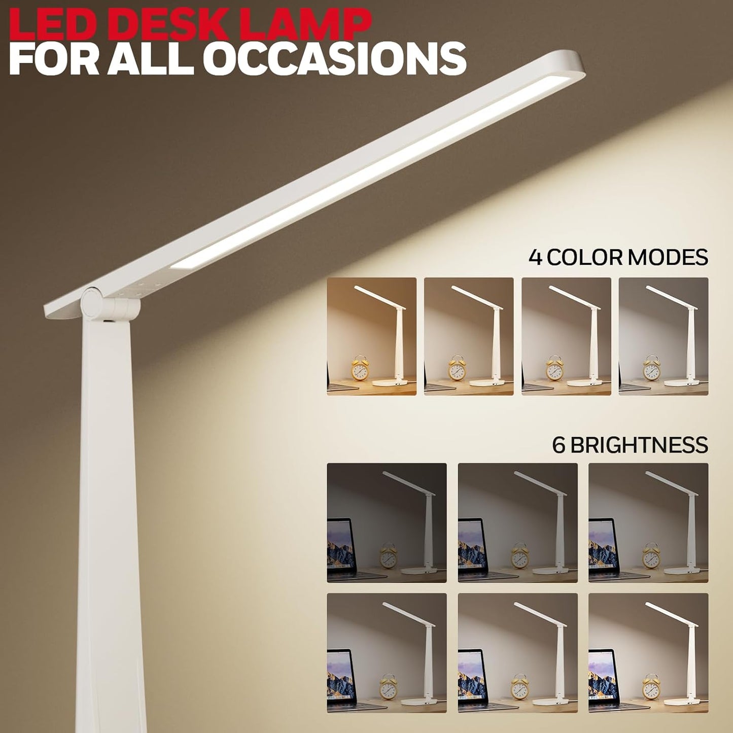 HONEYWELL Desk Lamp for Home Office, Dimmable LED Desk Light with USB A+C Dual Charging, 4 Modes Brightness Touch Lamp with Timer, Eye Caring Foldable Reading Light, Table Lamp for Study Nightstand