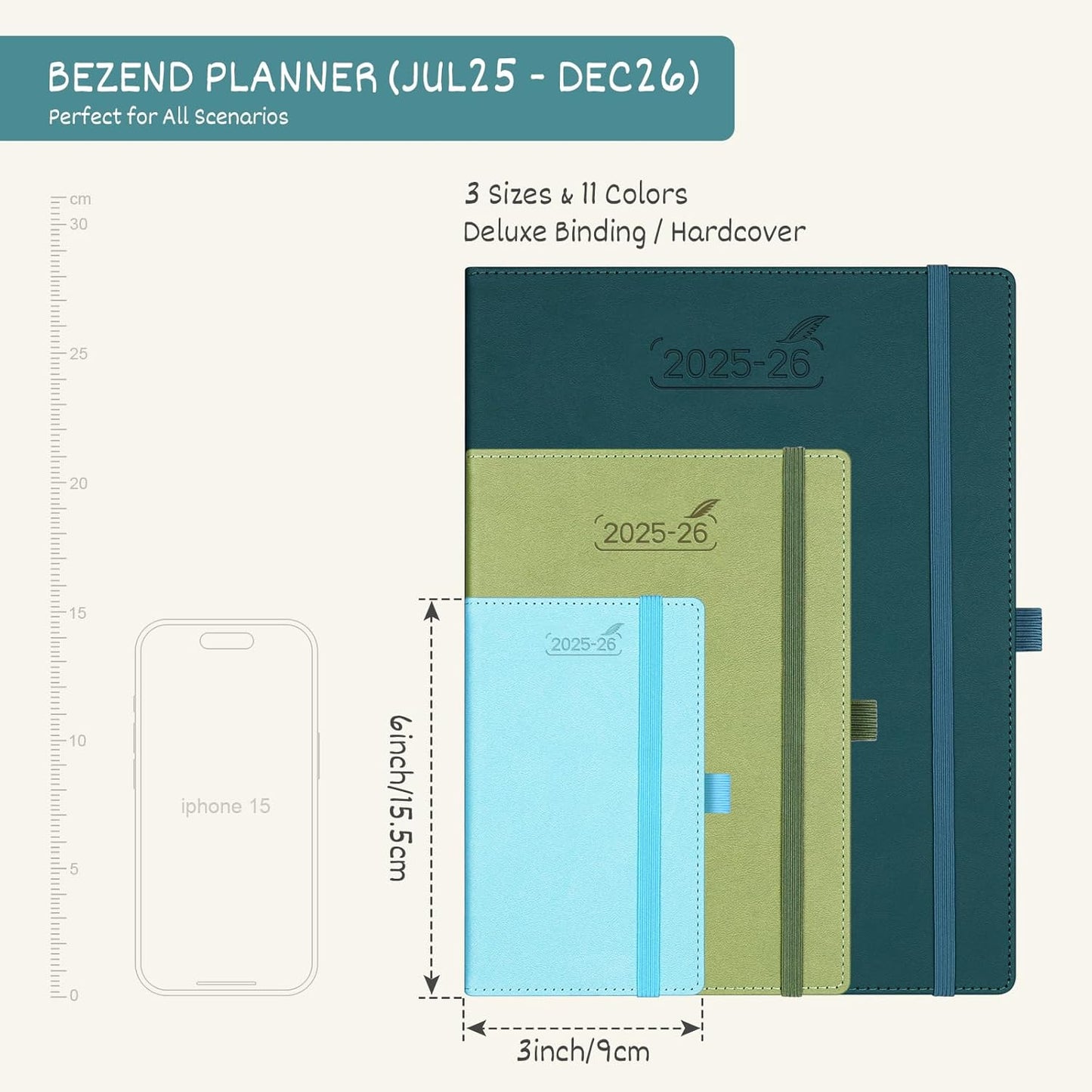 BEZEND Pocket Planner 2025-2026 Weekly and Monthly, 3.5" x 6" Academic Planner (Jul 25-Dec 26) 18-Month Mid-Year Calendar Book, Storage Pocket, Pen Holder, PU Leather Hardcover - Black