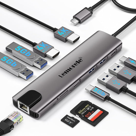 Lemorele Aluminium USB C Laptop Docking Station Dual Monitor 11 in 1 Hub Adapter w/ 2 HDMI 4K, 100W PD, Gigabit Ethernet, SD/TF, 4 USB3.0/USB2.0, USB C 3.0, for Dell HP Lenovo Surface Typc C Laptop