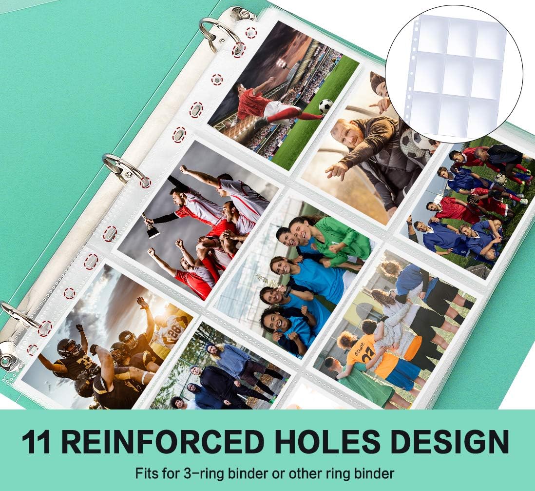 Trading Card Sleeve Pages, PANDRI 100 Pack 9 Pocket Trading Card Storage Album Pages 11 Holes Fit 3 Ring Binder